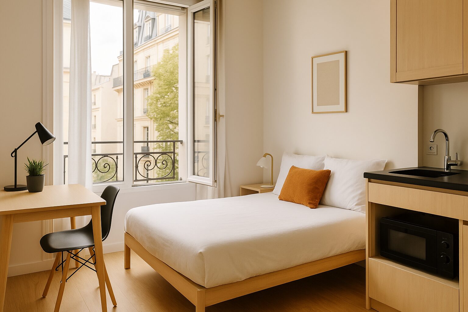 Chambre moderne et lumineuse d’un appart hôtel à Paris, idéale pour une location à la semaine Paris.